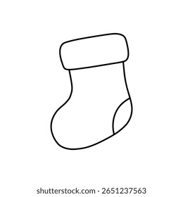 Vector line art illustration of a Christmas stocking with festive elements. Minimal black and white style, perfect for holiday design, greeting cards, and seasonal decorations.