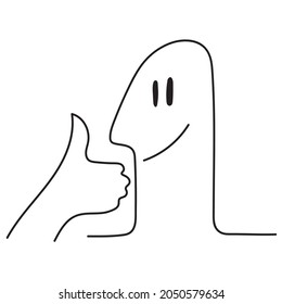 vector line art illustration of a contented cartoon man with a smile on his face, who raises his thumb up on his left hand. isolated on white background. useful for graphic and web design, advertising