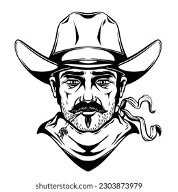 Vector line art illustration of cowboy man with beard and mustache, cowboy hat, cowboy scarf isolated on white background, head of cowboy logo, western silhouette