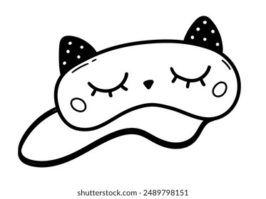 Vector line art illustration of cute sleeping mask with cat ears and closed eyes