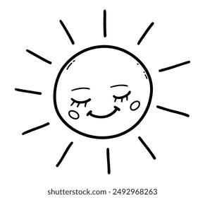 Ilustración de arte de línea de Vector de lindo personaje Sun sonriendo con los ojos cerrados