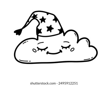 Ilustración del arte de la línea de Vector de la nube de la noche linda que lleva la gorra de dormir