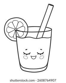 Vector line art illustration of a cute lemonade glass with kawaii face, lemon slice and straw.