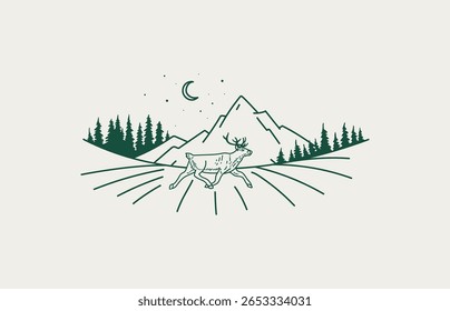 A arte vetorial em linha, ilustração de veados corre através de um campo aberto sob uma lua crescente e céu iluminado pelas estrelas. Altas montanhas e pinheiros enquadram a paisagem noturna