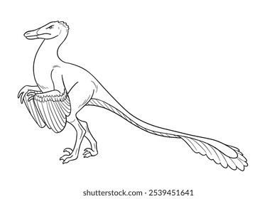 Ilustração em arte vetorial do Velociraptor de dinossauros. Contorno em preto e branco.