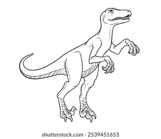 Ilustração em arte vetorial de dinossauro Raptor. Contorno em preto e branco.
