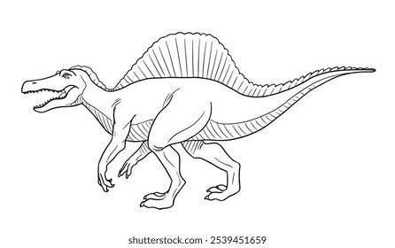 Ilustração da arte vetorial do dinossauro Spinosaurus. Contorno em preto e branco.