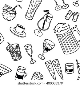 Vector line art illustration with drinks seamless pattern in doodle style