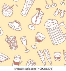 Vector line art illustration with drinks seamless pattern in doodle style