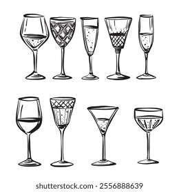 Vector line art illustration featuring 9 different glasses. Ideal for use in bar menus, party invitations, drink recipes, restaurant branding, and graphic design projects.