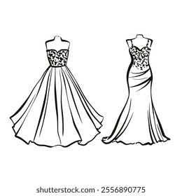 Vector line art illustration featuring two wedding dresses. Perfect for use in wedding invitations, bridal shop branding, event decor, fashion illustrations, and wedding-related designs.