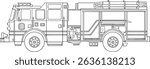 Vector line art illustration of a Fire Truck, Fire Tender in side view 