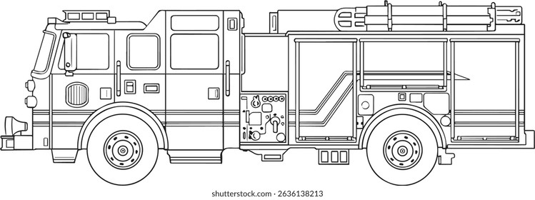 Vector line art illustration of a Fire Truck, Fire Tender in side view 