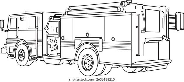 Vector line art illustration of a Fire Truck, Fire Tender in a back view position