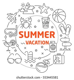 Vector Line Art Illustration in Flat styles summer vacation