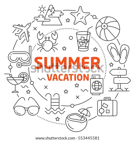 Vector Line Art Illustration in Flat styles summer vacation