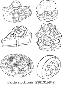 Vector line art illustration with food. Set with various baking. Illustration for menu, cookbook or coloring book. Sketch isolated on white background. homemade bakery - line vector set