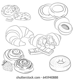Vector line art illustration with food. Set with various baking. Illustration for menu, cookbook or coloring book. Sketch isolated on white background