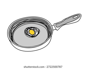 Ilustração da arte da linha do vetor do ovo frito na panela de ato de fritar no branco. Simples conceito de ícone de comida de café da manhã.