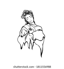 Vector line art illustration of Geisha culture from Japan, carrying a samurai knife, perfect for t-shirt designs and more