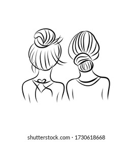 Vector line art illustration, girls , two friends, together - back view