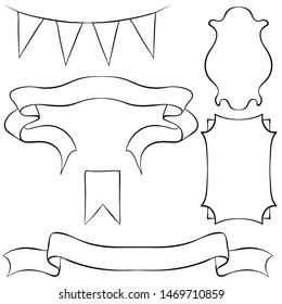 Vector line art illustration of hand drawn ribbons and labels. Set isolated on a white background

