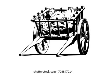A vector line art illustration of a hand drawn or ox-drawn cart filled with indistinct rocks. 