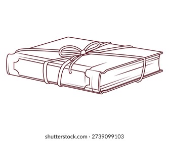 Vector line art illustration hardcover book tied with ribbon and bow isolated on white. Classic literature, gift, education and reading concept. For booklover, bookstore and library.