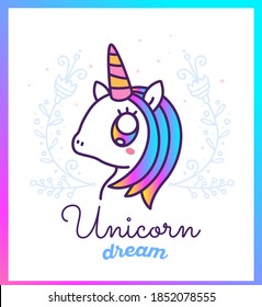 Vector line art illustration of head of magic unicorn with text and flower on white background