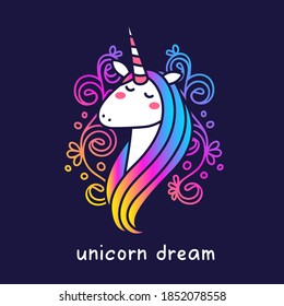 Vector line art illustration of head of magic unicorn with rainbow color mane and flower on dark background with text