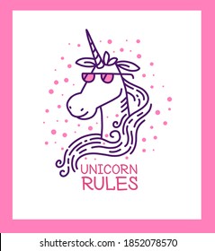 Vector line art illustration of head of magic unicorn in pink glasses with text on white background