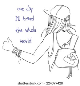 Vector line art illustration - hitchhiker girl with backpack trying to hitch a lift with thumb up, back view, with words "one day I'll travel the whole world"