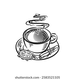 A vector line art illustration of a hot cup of coffee with a minimalist design. The simple yet elegant lines create a warm and cozy atmosphere, perfect for coffee lovers and visual art enthusiasts.