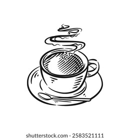 A vector line art illustration of a hot cup of coffee with a minimalist design. The simple yet elegant lines create a warm and cozy atmosphere, perfect for coffee lovers and visual art enthusiasts.