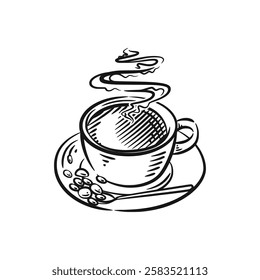 A vector line art illustration of a hot cup of coffee with a minimalist design. The simple yet elegant lines create a warm and cozy atmosphere, perfect for coffee lovers and visual art enthusiasts.