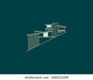 Vector line art illustration of house icon isolated, horizontal, suburb summer house icon, real estate vector mono line illustration