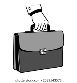 Vector line art illustration of a human hand holding briefcase.