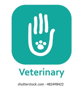 Vector line art illustration of human and animal footprint, hands. Simple logo icons design. Trendy concept for pet shop, pets care and grooming, veterinary.