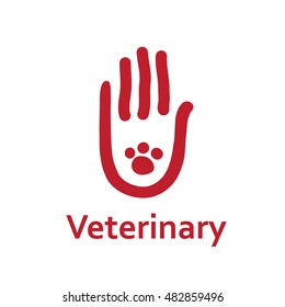 Vector line art illustration of human and animal footprint, hands. Simple logo icons design. Trendy concept for pet shop, pets care and grooming, veterinary.