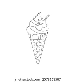 Vector line art illustration of an Ice Cream cone, topped with a strawberry on white background