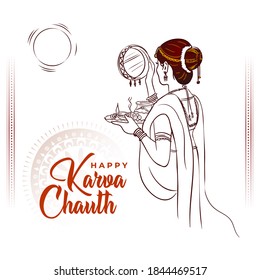 Vector line art illustration of Indian Woman seeing moon through sieve during Karva Chauth celebration.