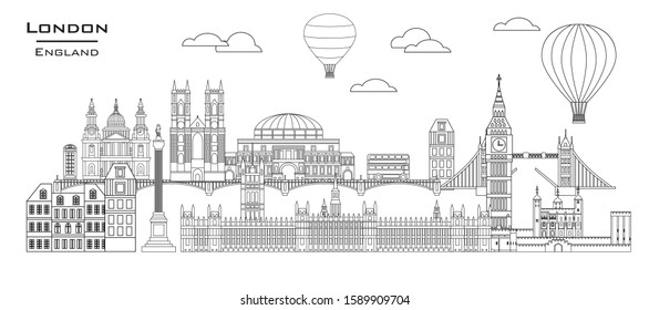 Vector line art illustration of landmarks of London, England. London city skyline panoramic vector illustration isolated on white background. London vector icon. London building outline.