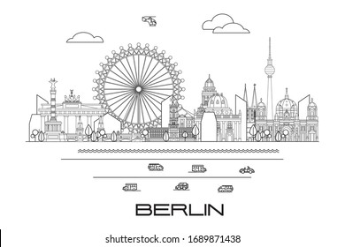 Dibujo artístico vectorial de los monumentos de Berlín, Alemania. Ilustración monocromática en el horizonte de Berlín aislada en fondo blanco. Icono del vector, contorno de construcción. Concepto de vector turístico alemán.