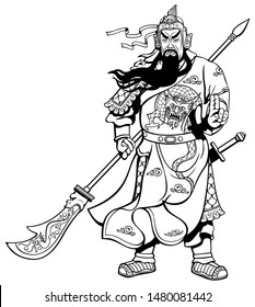 Vector line art illustration of the legendary Chinese general Guan Yu.