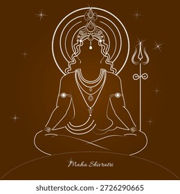 Ilustración de arte de línea de Vector de Lord Shiva meditando con tridente y halo ornamental. Fondo marrón oscuro, estilo de contorno punteado blanco. Texto: “Maha Shivratri”. Copiar espacio.