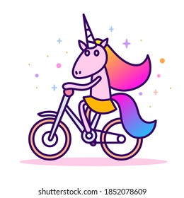 Vector line art illustration of magic unicorn with bike on white color background