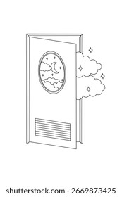 Vector line art illustration of a magical door that opens to clouds and stars