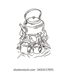 vector line art illustration of making coffee while camping