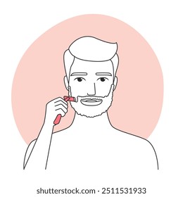 Vector line art illustration of a man touching his face, part of a skincare routine.