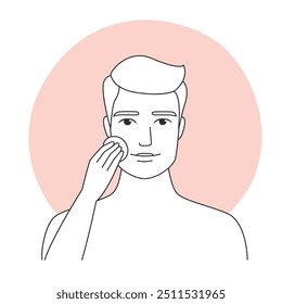 Vector line art illustration of a man with eye patches, part of a skincare routine.